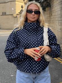 GDDYIN Áo khoác nữ mùa xuân mới, dây rút, khóa kéo, chấm bi, cổ đứng, kiểu dáng thường ngày. - Xanh đậm - Xem 6