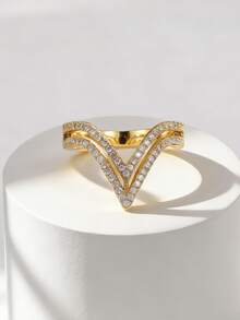 Charm-In Anillo con circonita cúbica en forma de V | Chapado en oro de 18K | Anillo delicado para mujer | Perfecto para el Día de San Valentín y uso diario - Dorado - Ver 1