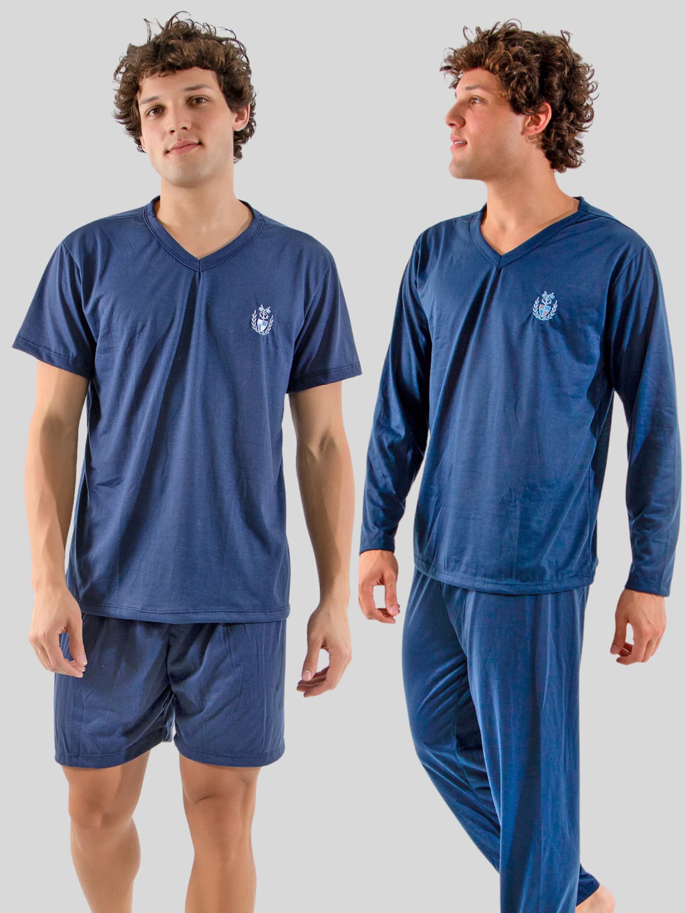 KIT 2 Pijamas Masculino Comprido + Curto Malha Confortável Verão e Inverno - Azul Marinho - Visão 1