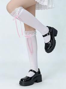 1 Pair Pink/Blue/White Lolita Style Sweet Lace Ruffle Bow Socks, Spring/Summer - Multicolor - View 5
