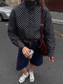 GDDYIN Women's Spring New Drawstring Zipper Polka Dot Stand Collar Casual Jacket - Black - View 3