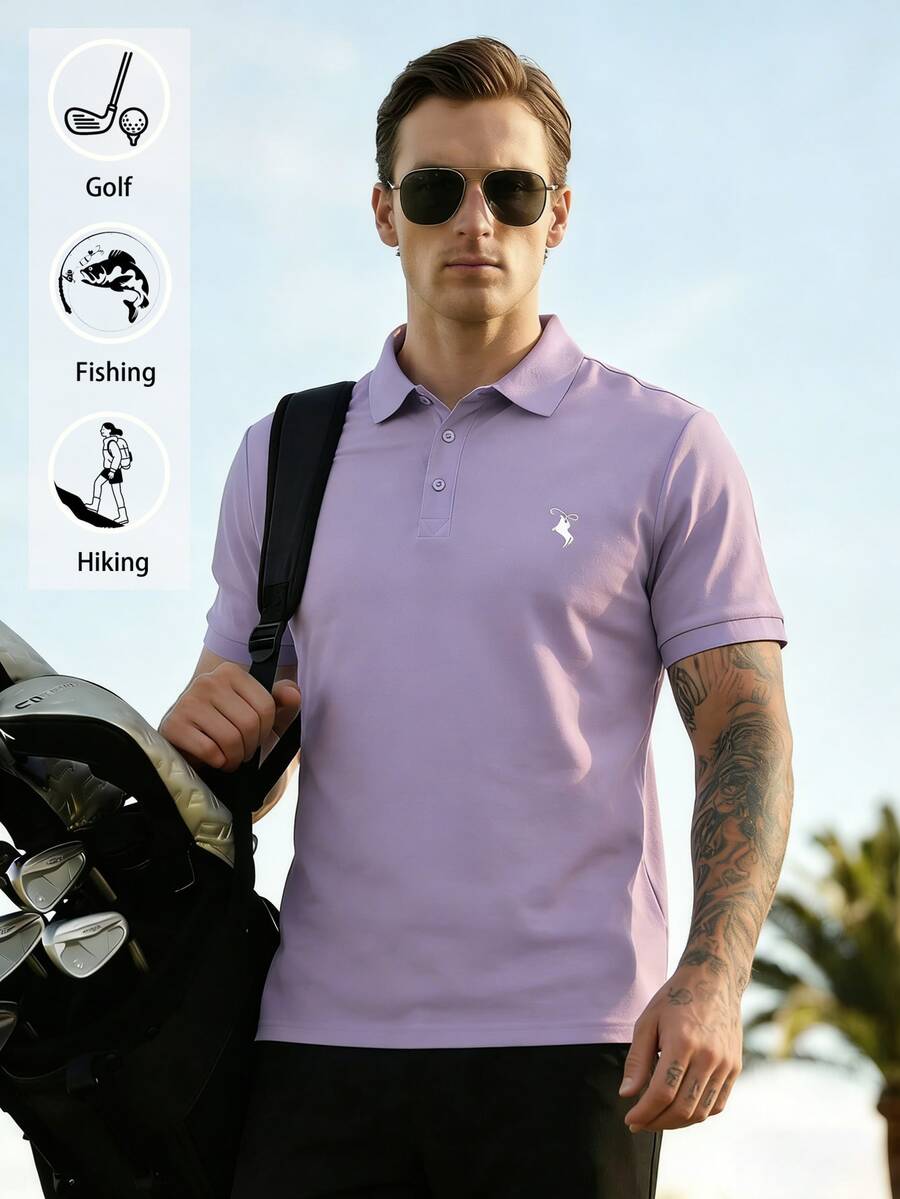 男士高尔夫球衫，时尚商务休闲印花短袖Polo衫，纽扣设计 - 紫色 - 查看 1