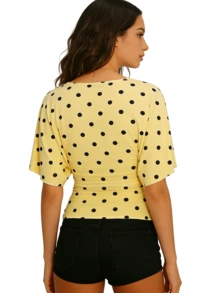 Women's Casual Polka Dot Top - Y2K Batwing Sleeve Fitted Short-Sleeved Vest - 黃色 - 查看 2