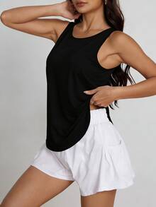 Áo tank top nữ không tay, màu trơn, dáng rộng, chất liệu vải thoáng khí, thích hợp cho tập gym, chạy bộ, hoạt động ngoài trời mùa xuân/hè, thiết kế cổ tròn đơn giản, phong cách thể thao. - màu đen - Xem 4