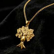 dollrinboy 1 pieza Collar con colgante de árbol de billetes de $100 chapado en oro de 14K, adecuado para mujeres y hombres, colgante de árbol de dinero, cadena plana de eslabón curvo de 3 mm - árbol del dinero - Ver 6