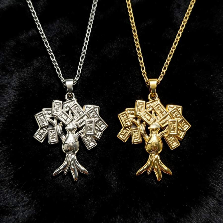 dollrinboy 1 pieza Collar con colgante de árbol de billetes de $100 chapado en oro de 14K, adecuado para mujeres y hombres, colgante de árbol de dinero, cadena plana de eslabón curvo de 3 mm - árbol del dinero - Ver 1