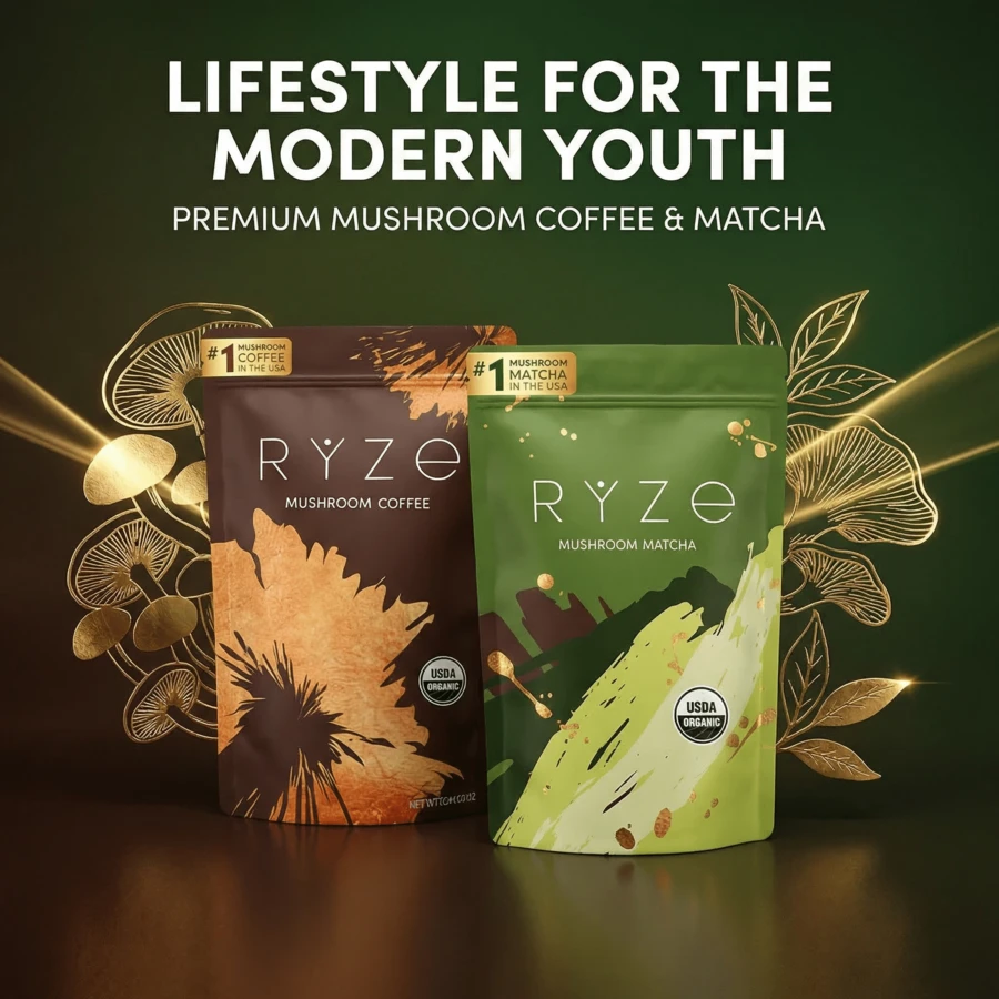 RY-ZY Organic Matcha & Mushroom Coffee 6-Mushroom Superblend With MCT For Mental Clarity, Focus, Energy, Immunity & Radiance | 60 Servings - Combo Nấm Matcha - Xem 1