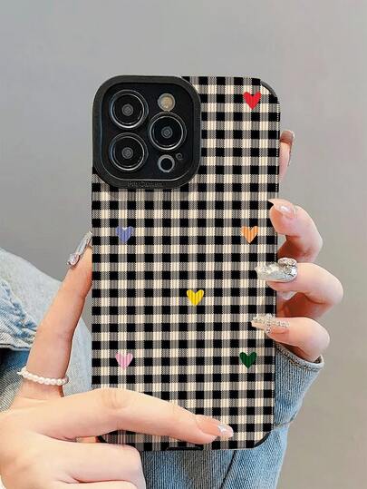 1 件装新款时尚优雅彩色爱心格纹防震真皮手机壳，适用于 17/17Air/17Pro/17ProMax/ 16/16Plus/16Pro/16ProMax/ 15/15Plus/15Pro/15ProMax/ 14/14Plus/14Pro/14ProMax/ 13/13Pro/13ProMax/ 12/12Pro/12ProMax/ 11/ 11Pro/11ProMax