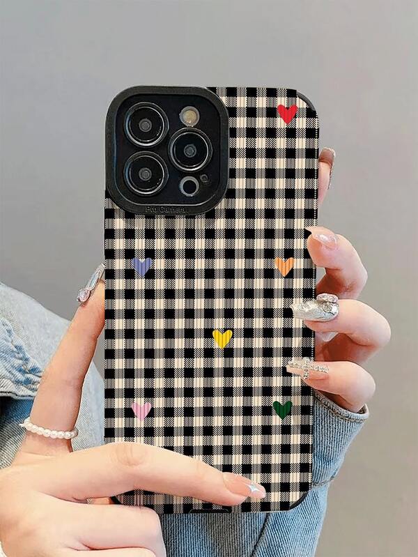 1 件装新款时尚优雅彩色爱心格纹防震真皮手机壳，适用于 17/17Air/17Pro/17ProMax/ 16/16Plus/16Pro/16ProMax/ 15/15Plus/15Pro/15ProMax/ 14/14Plus/14Pro/14ProMax/ 13/13Pro/13ProMax/ 12/12Pro/12ProMax/ 11/ 11Pro/11ProMax