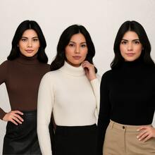 Kit Of 3 Women's Turtleneck Sweaters For Cold Weather, Knitted, High Neck, Ribbed, Basic Base Layer - Black/ Off-white/ Brown - View 8
