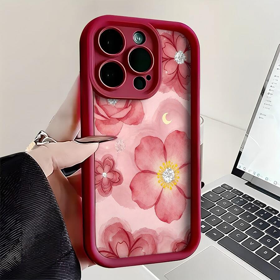 Esta funda rosa con estampado floral de luna en acuarela es compatible con Apple 16E/15/14/13/12/11/Pro/PLUS/Pro Max/MINI, S/A/M/NOTE, S/G/EDGE/E, Transition Spark/HANTOM/CAMON/INFINIX, Honor 400/PLAY/X/Y, OPPO Reno/A/F, 14/Redmi/POCO/NOTE y otros modelos. Está fabricada con TPU transparente, sencillo, elegante y resistente. Es una opción ideal para San Valentín, Halloween, Navidad, para uso personal o como regalo. - Burdeos - Ver 1
