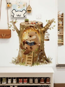 1pc Cozy Tree House Otter Family Reading Wall Sticker, Nature Style Removable Decal For Kids Room Bedroom - Bear Tree Hole - View 8