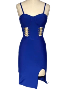 Women's Bodycon Midi Bandage Dress, Lace-Up Strapless Bodice With Metal Chain And Front Slit – Ideal For Evening, Club And Party - 藍色 - 查看 3