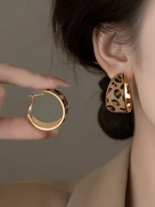 1 par de pendientes con forma de C con estampado geométrico de leopardo - Dorado - Ver 6