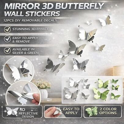 12-Piece Butterfly Wall Decoration DIY Mirror 3D Movable Stickers For Home, Bedroom, Bathroom, And Living Room Decoration (Silver And Green), Various Styles To Create Your Own Look~