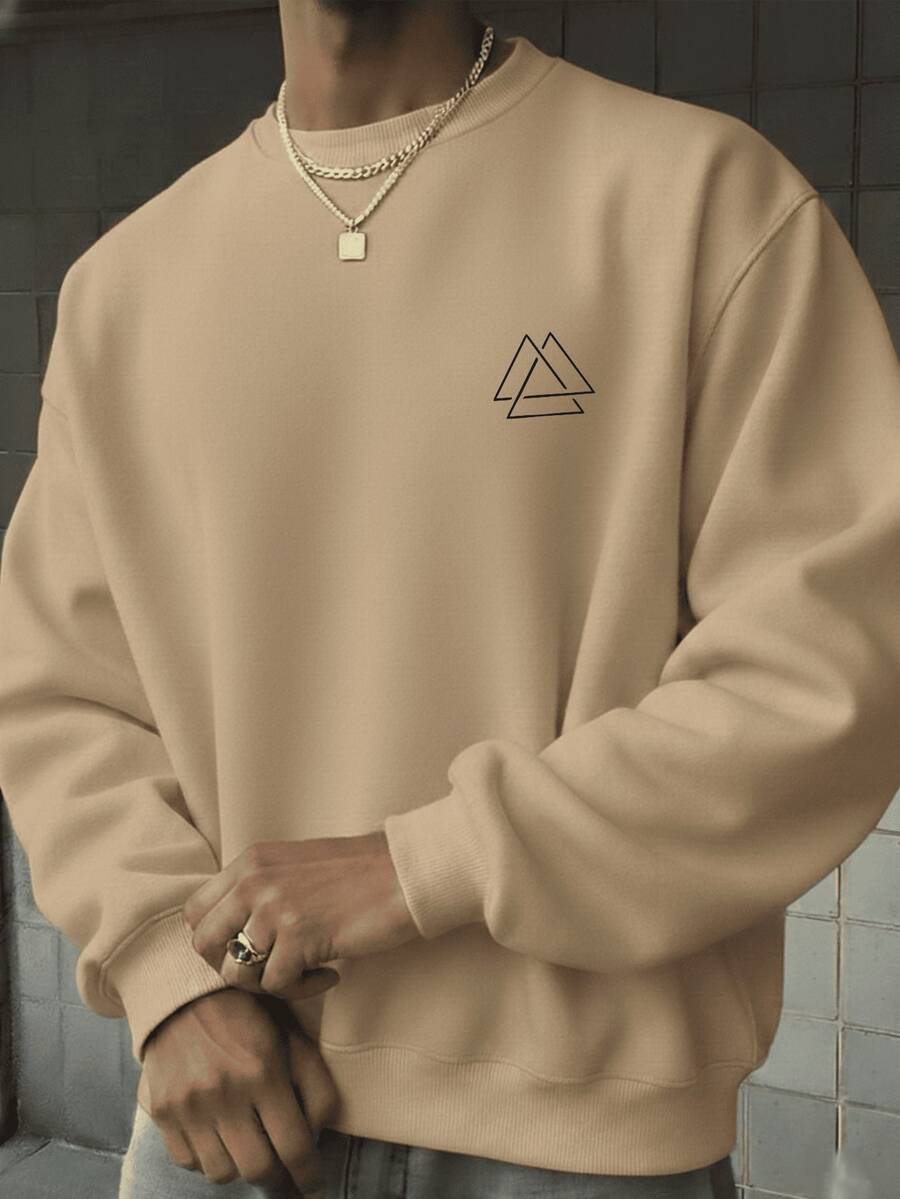 Men's Printed Streetwear Crew Neck Sweatshirt, Warm For Cold Days, 3 Triangles - 米色 - 查看 1
