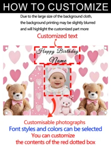 Customized "1pc" Heart-Shaped Bear Banner, Personalized Text Can Be Added. Made Of Durable Multipurpose Vinyl, Suitable For Birthday Parties, Baby Showers, Indoor/Outdoor Family Gatherings, Home Decor, And Photography Props. Includes Pre-Punched Corners And White Ribbon. Available In 3 Sizes. 2D Flat Design. - Multicolor - View 3
