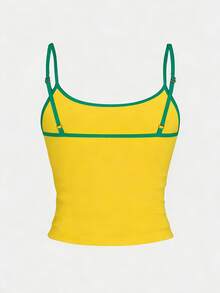 Women's Summer New Sexy Camisole Crop Top, Letter Print Casual Vacation Style Fitted Versatile Yellow Camisole Top, Fashionable Everyday Wear - Yellow - View 3