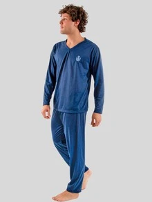 KIT 2 Pijamas Masculino Comprido + Curto Malha Confortável Verão e Inverno - Azul Marinho - Visão 4