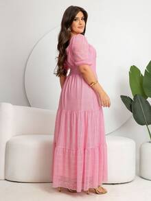 Long Tulle Dress With Glitter For Wedding, Party, Bridesmaid, Square Neckline. - Rosa - Xem 2