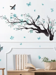 1 pieza Adhesivo de pared con rama de árbol y pájaro con flores azules, decoración autoadhesiva para sala de estar y dormitorio - pétalos azules - Ver 2