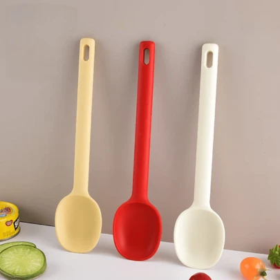 Cuillère de cuisine en silicone, cuillère en caoutchouc résistante à la chaleur, cuillère à mélanger la salade, cuillère à soupe en silicone, cuillère de table, cuillère plate, cuillère de cuisine, ustensiles de cuisine, cuillère, cuillère en silicone anti-adhésive convenant pour la cuisson, le mélange, la cuisson au four avec manche long résistant à la chaleur, outils de cuisson