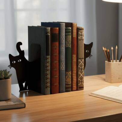 Sujetalibros de metal negro, un regalo especial para lectores. Sujetalibros de metal duradero, decoración artística para el estudio que decora el ambiente del estudio. Sujetalibros con diseño de gato.