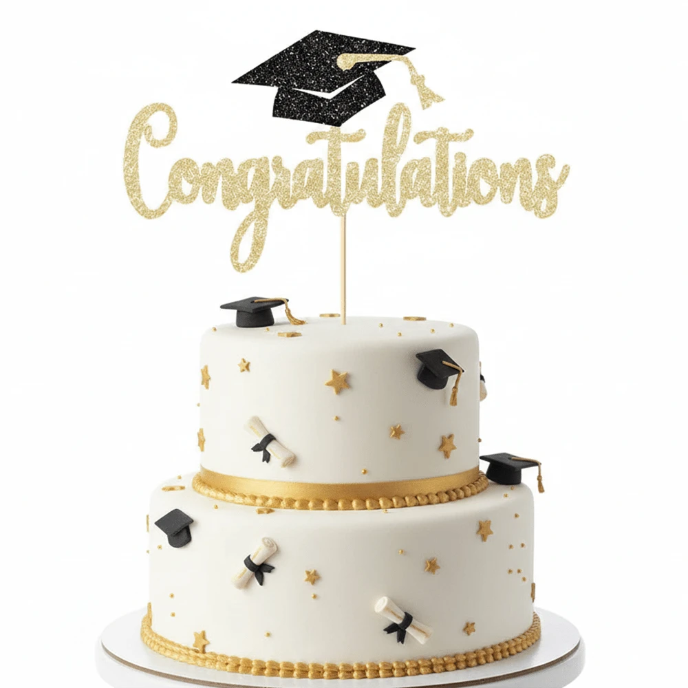 1 pieza Decoración de tarta Congrats Grad con brillo dorado - Decoraciones para fiesta de graduación Clase de 2026, Inserción de gorra brillante para celebración de graduación - ¡Felicidades por tu graduación! - View 1