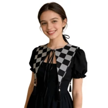 1 pezzo Scialle con colletto rimovibile a motivo romboide vintage con nappe, adatto per tutte le stagioni, accessorio scialle rimovibile per abiti e camicie in stile gotico lolita e vintage, spiaggia, vacanza - plaid nero e grigio - Visualizzare 1