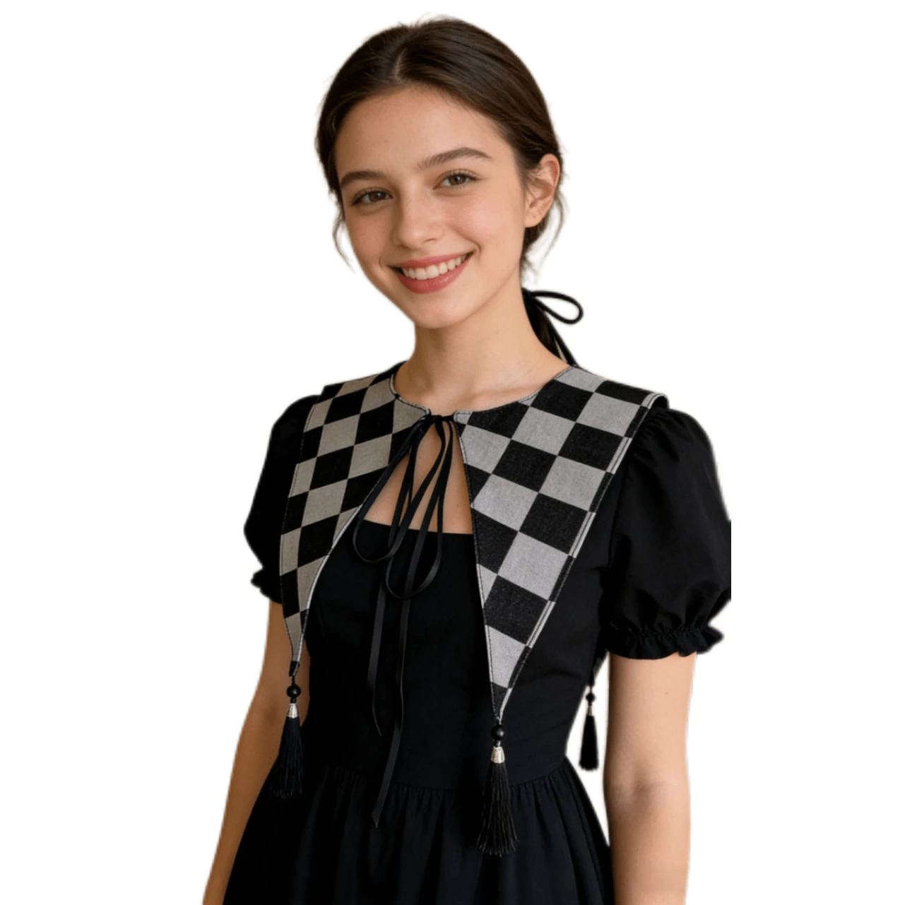 1 pezzo Scialle con colletto rimovibile a motivo romboide vintage con nappe, adatto per tutte le stagioni, accessorio scialle rimovibile per abiti e camicie in stile gotico lolita e vintage, spiaggia, vacanza - plaid nero e grigio - Visualizzare 1