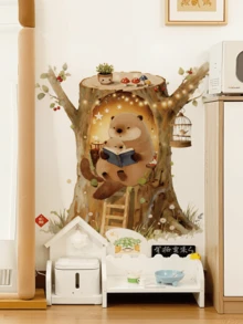 1pc Cozy Tree House Otter Family Reading Wall Sticker, Nature Style Removable Decal For Kids Room Bedroom - Bear Tree Hole - View 4