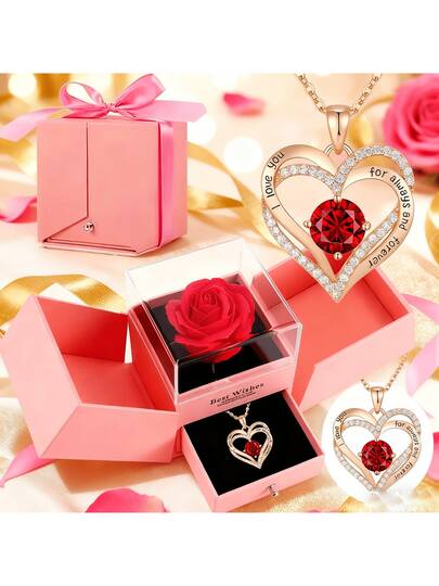 Bộ quà tặng trang sức thanh lịch gồm mặt dây chuyền hình trái tim "Anh yêu em" và hoa hồng, hoa hồng đỏ được bảo quản kèm dây chuyền | Dây chuyền vàng hồng vĩnh cửu, món quà lý tưởng cho Ngày Valentine, Ngày của Mẹ, Giáng sinh, Kỷ niệm cho quý cô, mẹ, vợ, bạn gái, bà | Hoa hồng