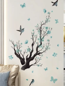 1 pieza Adhesivo de pared con rama de árbol y pájaro con flores azules, decoración autoadhesiva para sala de estar y dormitorio - pétalos azules - Ver 5
