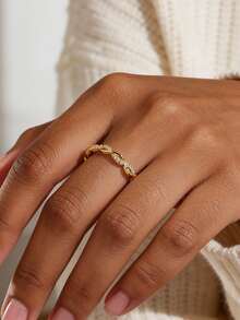 Charm-In Twisted Braided CZ Half Eternity 18K Gold Plated Copper Ring | Textured Stackable Band For Wedding, Engagement & Daily Wear - Gold - View 2