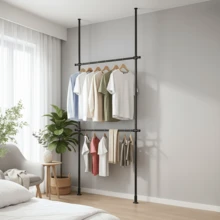 Tension Rod Clothes Rack, Overall Load Capacity 90kg, Width 160cm - 240cm, Height 50cm - 310cm, 3-Tier Tension Rod Type, Indoor Clothes Drying Rack, Sturdy, Clothes Rack, Clothing Storage, Adjustable Vertically And Horizontally, Double Wide Type, Adjustable Load Capacity 100kg, Clothes Rack, Clothing Storage, No Tools Required, Black - Xem 4