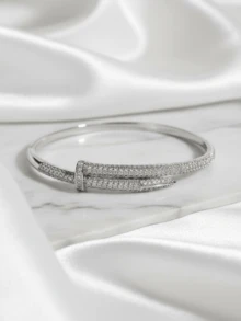 Crystal Paved Nail Shape Open Bangle, 14K Gold Plated Cuff Bracelet For Teens, Fashion Stackable Jewelry - Multicolor - View 3