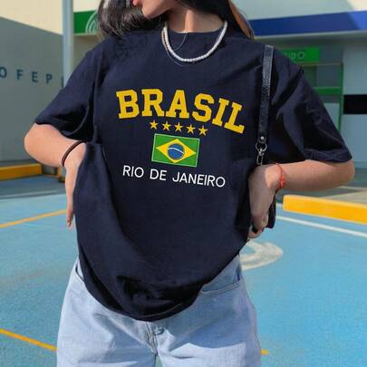 Brazil Rio De Janeiro Five-Star National Flag Pattern Round Neck T-Shirt - Essential Streetwear For World Cup Fever | Retro Campus Style T-Shirt With Bold Yellow Letters And Iconic Brazilian Flag Details