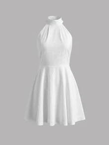 Women's Summer White Minimalist Casual Style Halter Backless Stand Collar Tie-Up A-Line Mini Dress With Side Pockets, Party & Holiday Elegant - White - View 3