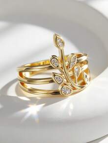 Charm-In 18K Gold Plated Triple Ring Leaf Branch Inlaid CZ Women's Fashion Ring Stackable Rhinestone Leaf CZ Fashion Jewelry Ring - Gold - View 2
