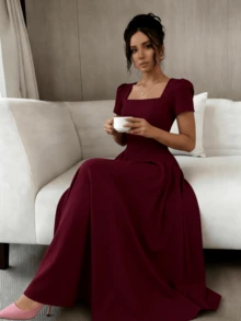 Long Dress With Short Sleeves, Square Neckline, Solid Color, Elegant, Sizes S M L - Burdeos - Ver 2