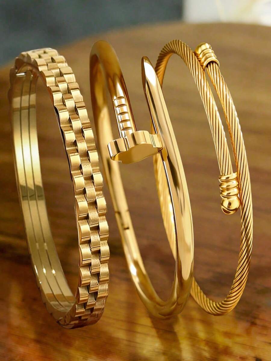 3件套18K镀金高品质不锈钢手链，女士首饰套装，包含链条、齿轮和四叶草设计，时尚百搭，适合日常佩戴、派对、节日、生日、婚礼、情人节和母亲节等场合作为礼物。