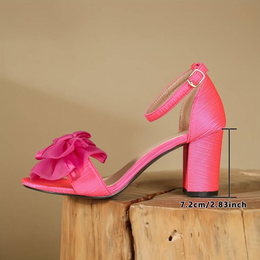 Women's High-Heeled Sandals, Sweet Bow-Adorned Chunky Heel Sandals, Adjustable Ankle Strap, Sweet And Elegant, Suitable For Everyday Wear, Vacations, Banquets, Parties, Dances, Dates, Local Warehouse Shipping. - 玫紅色 - 查看 1