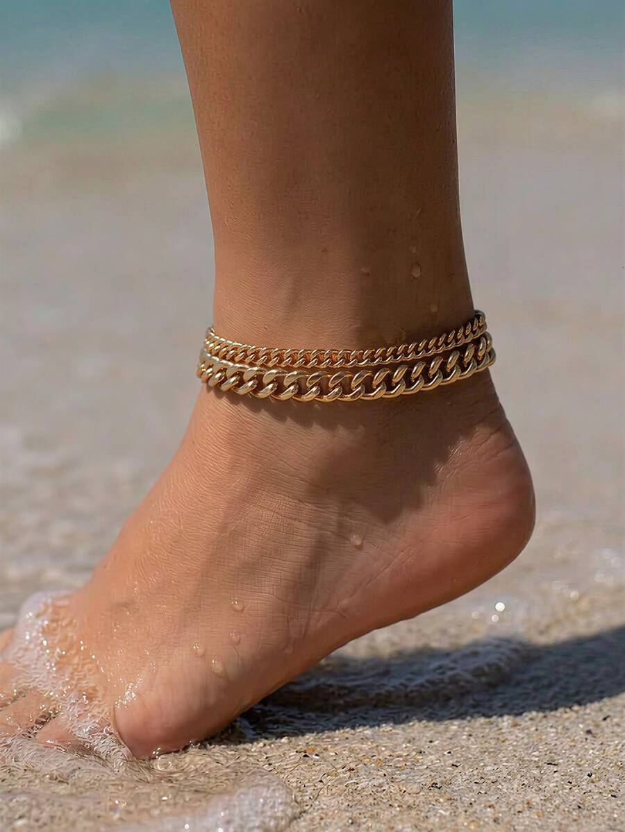 2pcs Gold Multi-Layer Chain Unique Design Anklet, Beach & Street Style, Suitable For Women's Daily Wear, Great Gift For Female Friends - Gold - View 1