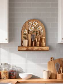 2D Hand-Crafted Wooden Sculpture Of Daisy Flower And Kitchen Utensils - Vintage Carving Style, Visible Wood Grain, Cottagecore Collage, With Whisk, Spoon And Other Kitchen Decors On Wooden Wall - Multicolor - View 8