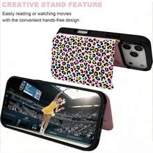 Colorful Leopard Print/Wallet Card Holder,Credit Card Slots Phone Case For Iphone17/17air 16/15Pro 14/13pro12 11 ProMax Xs 16Plus Case, Cute Phone Case  Galaxy S22/S23+S24 Plus/S25Ultra/ Cover For Women Girls Stylish  Fashionable Coin Pocket Magnetic.A53 - 粉色 - 查看 3