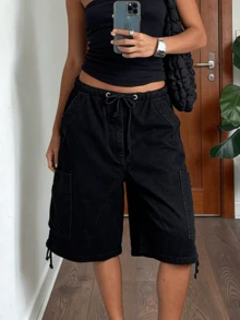 Womens Y2K Drawstring Jean Shorts Summer Elastic Waist Baggy Cargo Denim Shorts Casual Stretch Jorts With Pockets - 黑色 - 查看 2