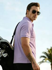 男士高尔夫球衫，时尚商务休闲印花短袖Polo衫，纽扣设计 - 紫色 - 查看 3