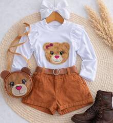 Girls' Outfit Set With Teddy Bear Purse, Short Or Long-Sleeved Blouse, Shorts, And Belt. Summer, Autumn, Winter. Borboletinhas Kids. - 棕色長袖 - 查看 1