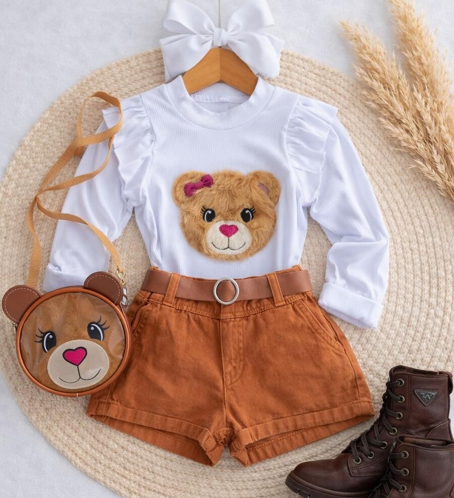 Girls' Outfit Set With Teddy Bear Purse, Short Or Long-Sleeved Blouse, Shorts, And Belt. Summer, Autumn, Winter. Borboletinhas Kids. - 棕色長袖 - 查看 1