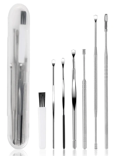 7 Pcs Ear Pick Earwax Removal Kit Ear Cleansing Tool Set, Ear Curette Ear Wax Remover Tool With Cleaning Brush And Storage Box, Sliver